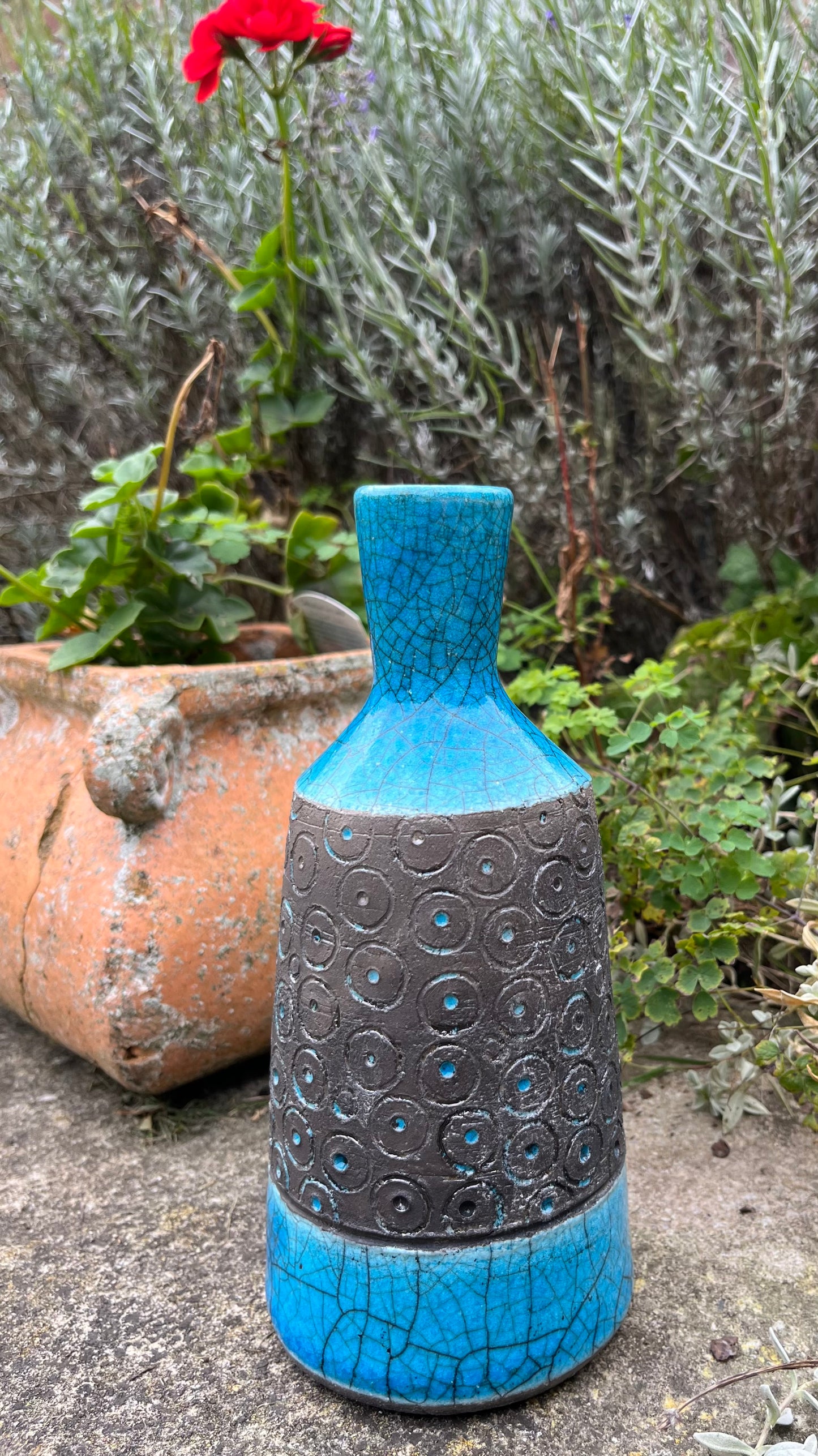 Raku narrow-necked vase/bottle in turquoise