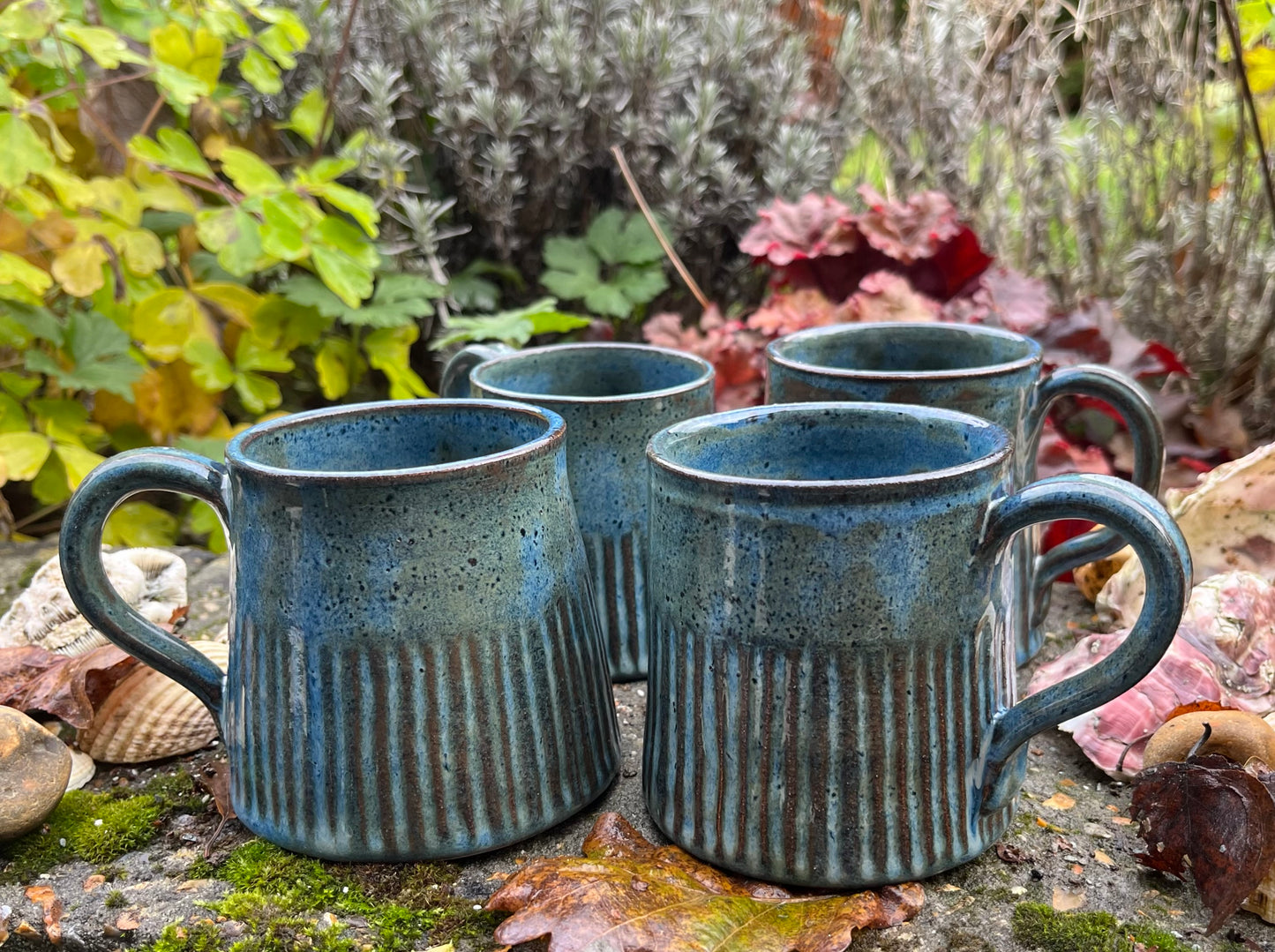 Denim blue grooved stoneware mug
