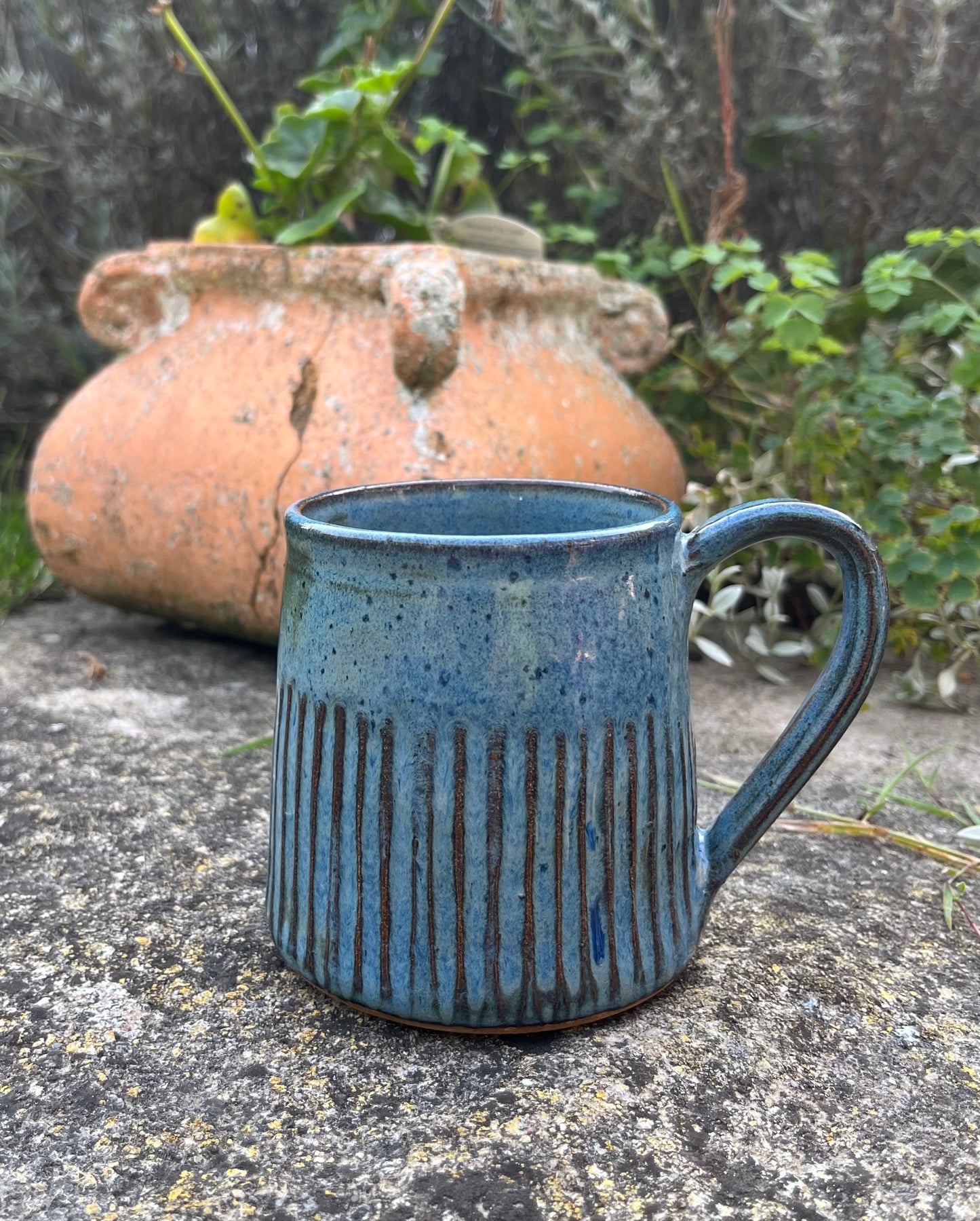 Denim blue grooved stoneware mug