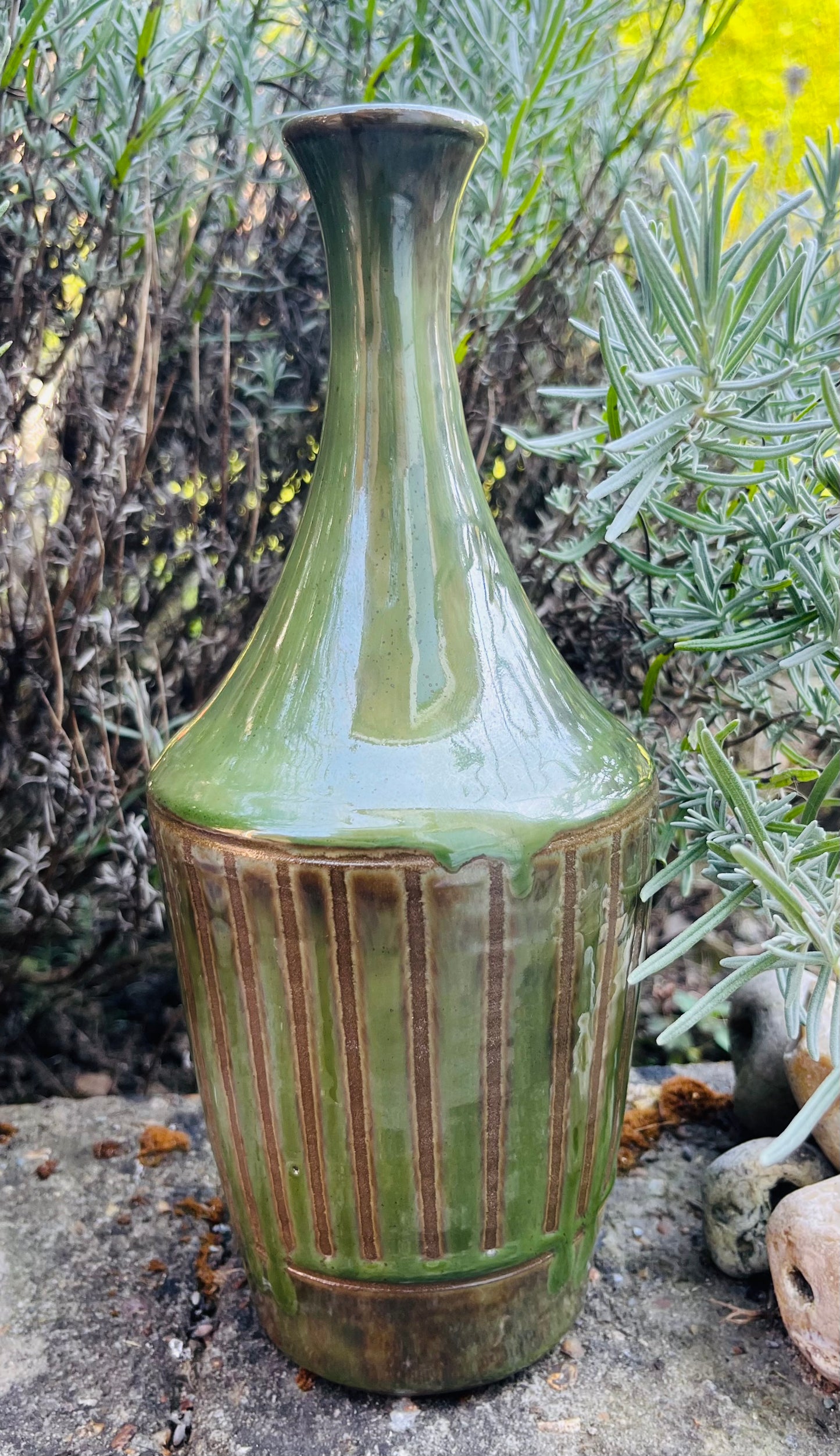 Green striped ceramic narrow-necked bottle