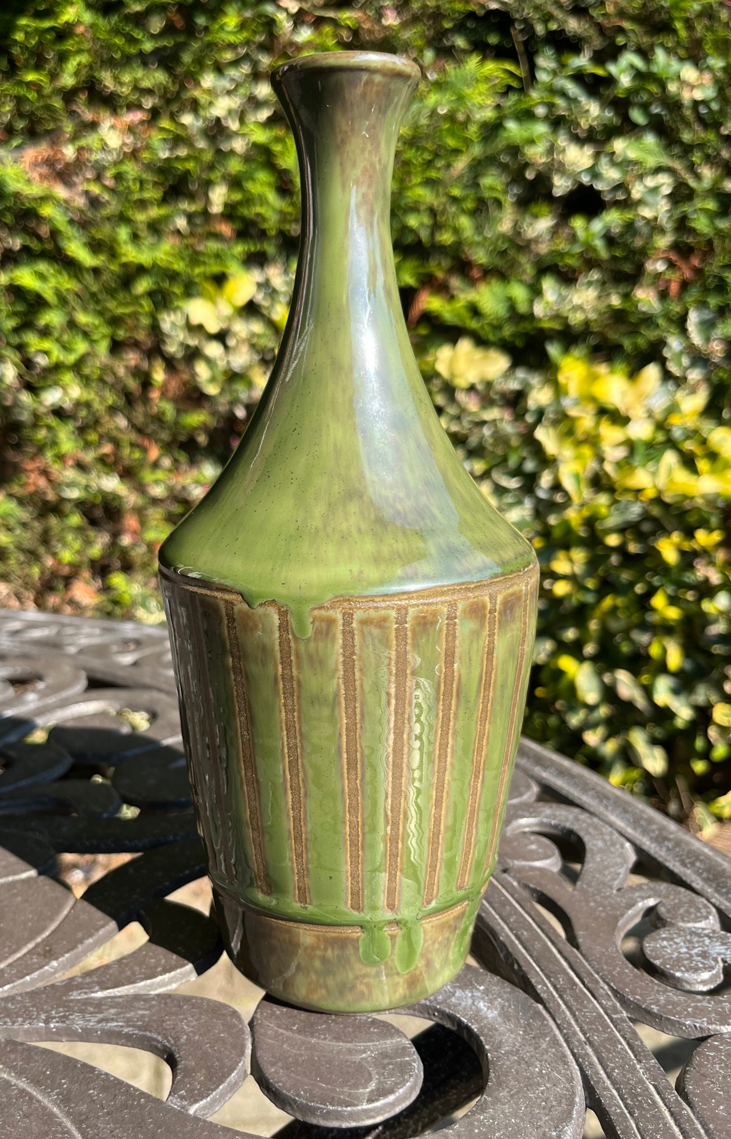 Green striped ceramic narrow-necked bottle