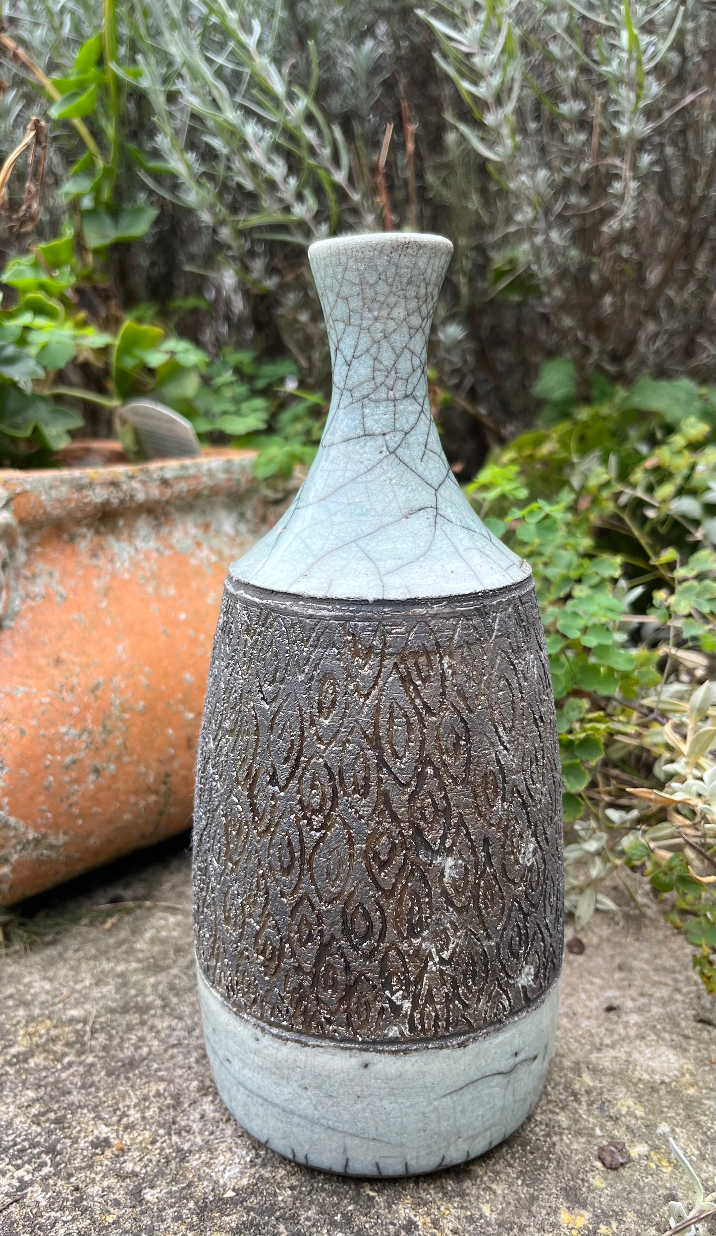 Raku narrow-necked vase/bottle in turquoise